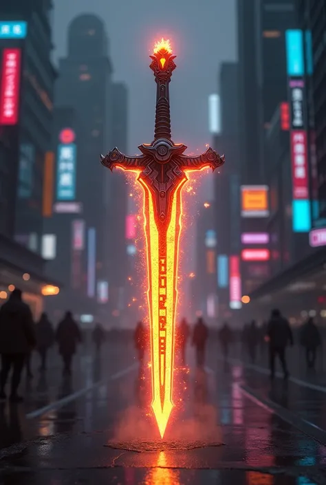 Burning sword with the name Benson in cyberpunk 