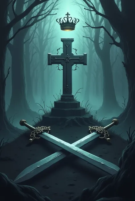 A headstone in the shape of a cross with a crown 
hanging above Undertales grave with two swords stuck in the ground forming an x in front of the digital headstone 