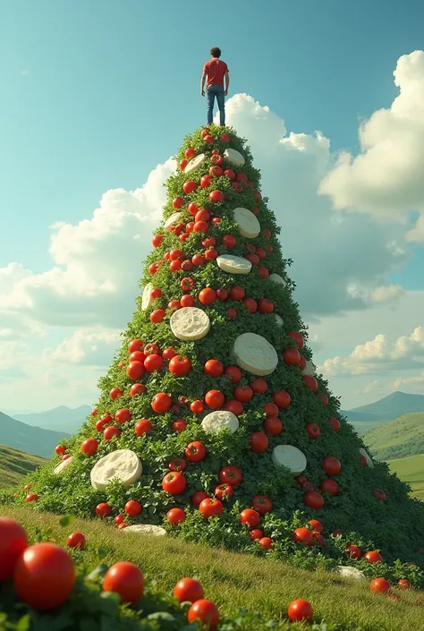 Guy standing on a huge mountain of Tomate Mozzarella Salat