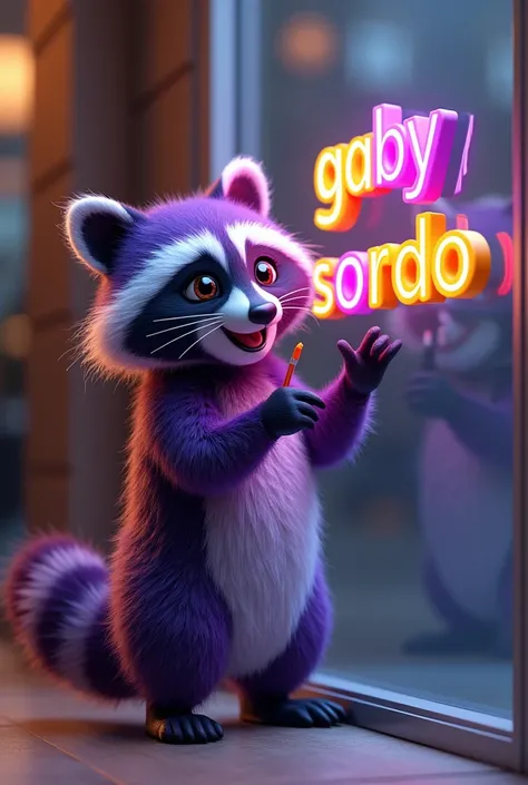 A purple and black raccoon writing on the glass of a glass door a 3D text in brightly colored ink that reads ("Gaby Sordo")