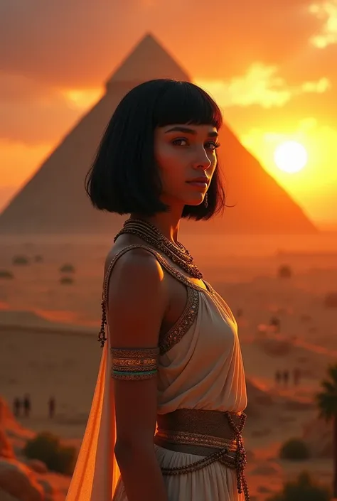  young woman, Short black hair, Egyptian Pharaoh、Cleopatra style clothes, Egyptian ornaments,  pyramid, sunset