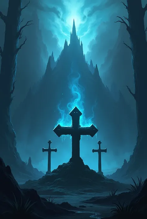 A cross-shaped headstone with a crown of peaks
hanging above Undertales grave with two swords stuck in the ground forming an x in front of the digital headstone 