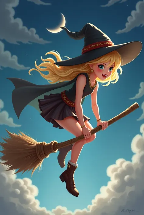 A girl with blond hair in a miniskirt on a broom 