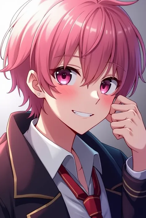 An anime boy who is 24 years old, with short hair, smooth and pink, That he is blushing and smiling ,  and who has PURPLE EYES, and that has fangs, vampire type, And that he looks a little older and that his body can be seen, 