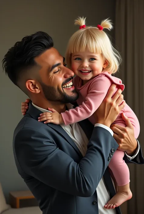 REALISTIC ART. 
tanned man, very strong and muscular,  black hair, modern faded cut,  Blue Eyes, short and clean shaven beard,  wearing a modern and stylish suit . He has a handsome, masculine face .  Hes holding a  baby in his lap and holding it up high ,...