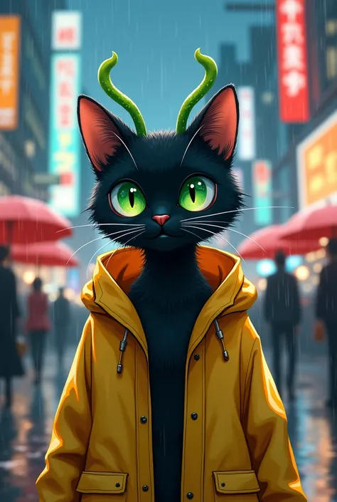 A black cat with green tea antennas with a raincoat,in the 2D anime style 