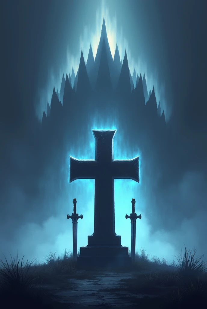 A cross-shaped headstone with a crown of peaks
hanging above Undertales grave with two swords stuck in the ground forming an x in front of the digital headstone 