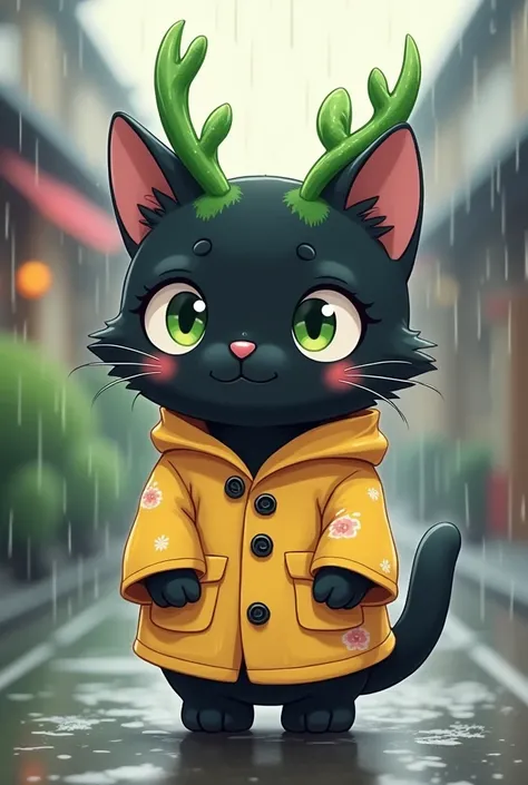 A black cat with green tea antennas with a raincoat,In the 2D Chibi anime style