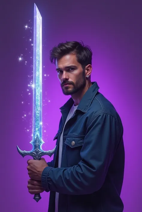 A man bit purple background casual pose and diamond sword