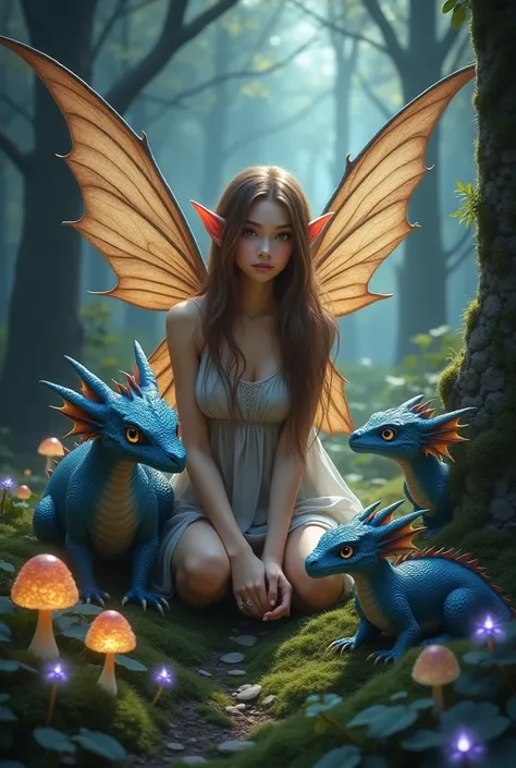 Une belle fée avec des ailes brune aux cheveux longs avec des oreilles delfes et avec des bébés dragons et la maman dragon bleue dans une forêt sombre et magique