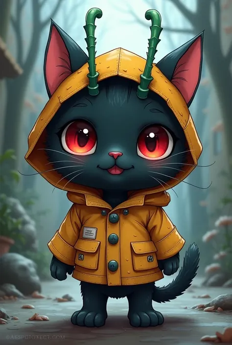 A black cat with dark red eyes with green antennae wearing a raincoat,In the 2D Chibi anime style