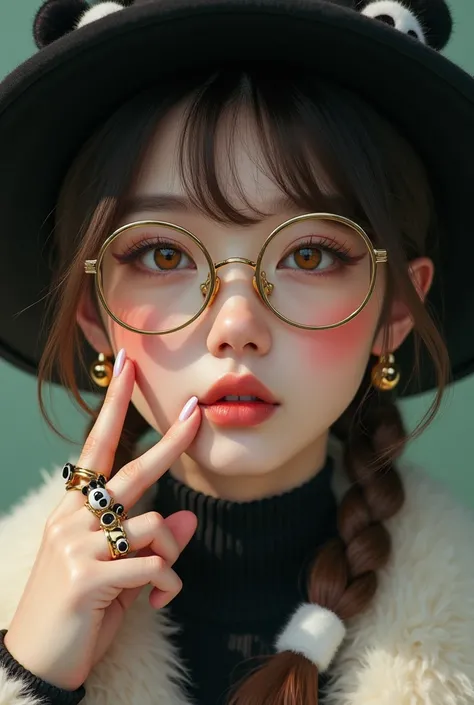   close-up of man ,  wearing a large-brimmed black fur hat .  with shiny and round colored glasses  . She keeps her index fingers close to her sides of her mouth ,   as if shes about to kiss ,  nawy pink-colored cheeks  ,   on her fingers she wears panda r...