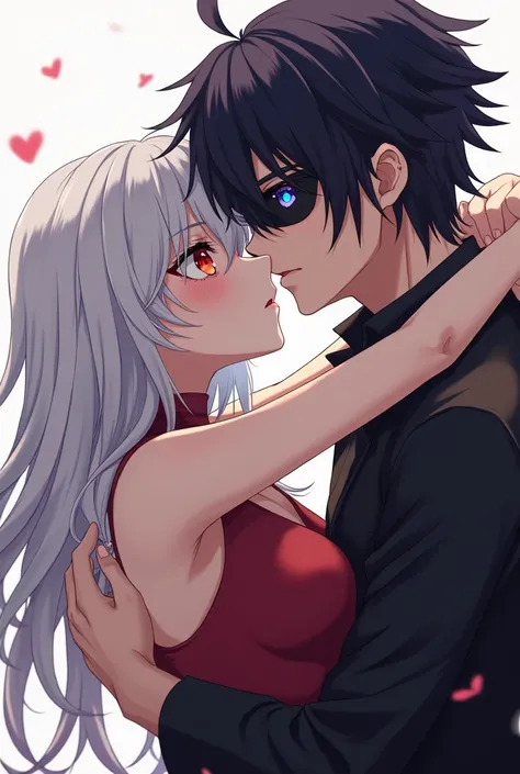 A slender homosexual male MAN with red eyes and white hair, short and very long and tall . Her Gay Boyfriend Male Male ,  black hair and very long and straight hair with bangs covering his right eye and with a black patch on his right eye,  light blue eyes...