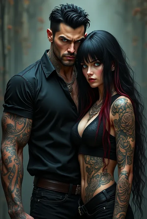  man with black hair. evil eye. Tattoos. muscles. Standing behind a woman with black and red hair. Tattoos.  man with black hair.  blue eyes . Tattoos. schwarzes Hemd. 