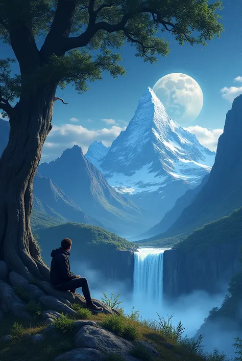 A certain mountains far away, a waterfall, sky with stars and realistic moon, a realistic tree in the foreground, a  sitting at the roots of the tree looking at the horizon, all very realistic. 