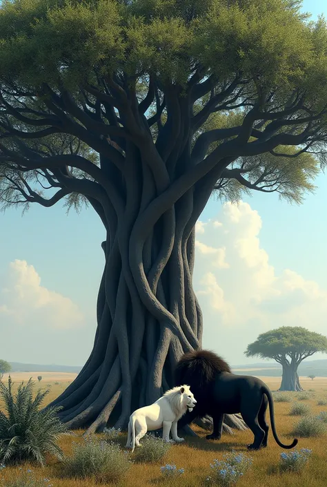 Un baobab au tronc et aux branches noires sinueuses et entrelacées recouvertes de petites feuilles vertes et de petites fleurs bleutées et jaunes dans un décor de savane et au pied de ce baobab un lion noir qui est tendre avec une lionne blanche 