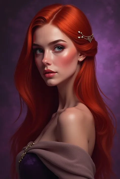 Imagine a beautiful young queen with very realistic straight red hair on a background with purple colors.