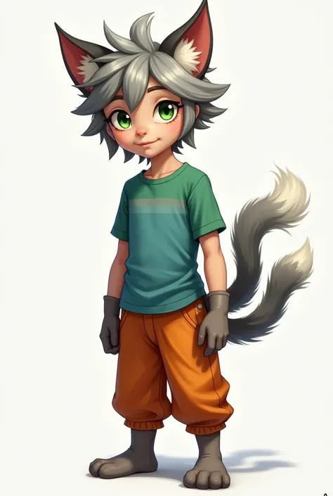  creates a 15-year-old man with gray cats ears and tail,  orange pants , Green poleron , blue t-shirt,  green eyes ,  messy gray hair 