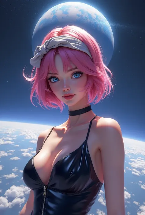  Beautiful girl with blue eyes short pink hair with a cloth headband , with good hips , wearing a shiny black dress  ,  with the background of the planet Venus and above it the name Venus  