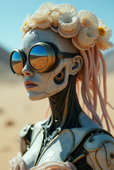 Ethereal Cyborg Woman, bioluminescent jellyfish tiara. Steampunk goggles merge with translucent tentacles. Cracked porcelain skin meets iridescent scales. Mechanical implants and delicate tendrils intertwine. Human characteristics with an otherworldly glow...