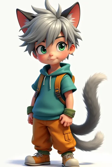  creates a 15-year-old man with gray cats ears and tail,  orange pants , Green poleron , blue t-shirt,  green eyes ,  messy gray hair 