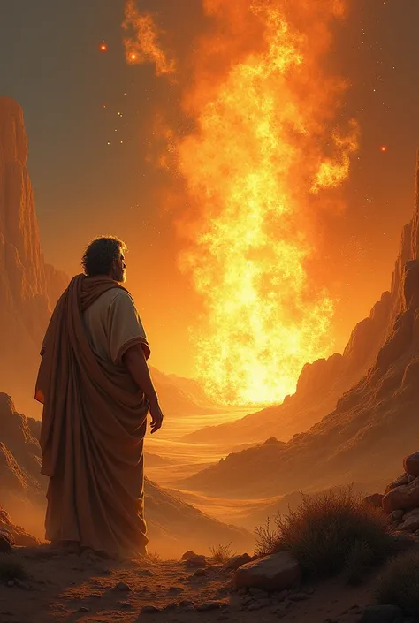  Create an image of Moses on Mount Horebe, seeing the bush burning in flames 