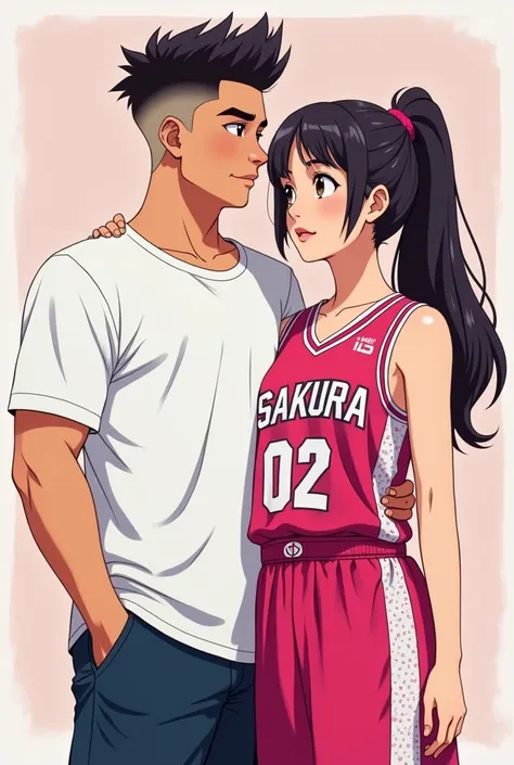 make anime art indonesian teenager couple that a plump man with blowout mid taper fade haircut wearing a white boxy tshirt, beside his chinese beautiful girlfriend that wearing basketball jersey from sakura junior team that number 02 in front of her jersey...