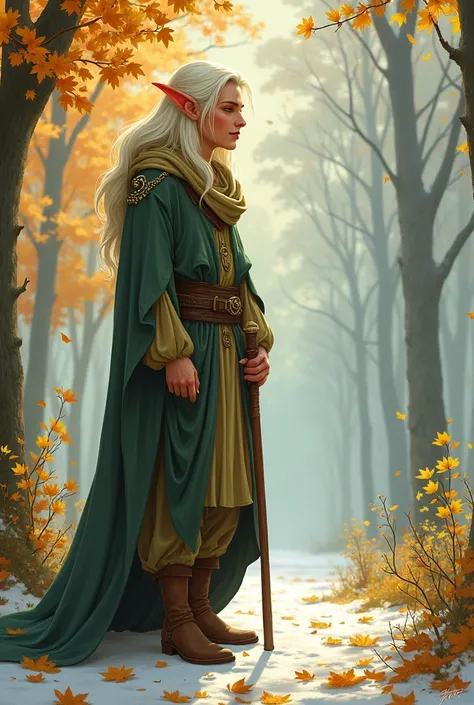 Generate 4 illustrations of a Tolkien-style elf where its characteristics change depending on the season ( each illustration is associated with a season of the year : summer, autumn, winter and spring )