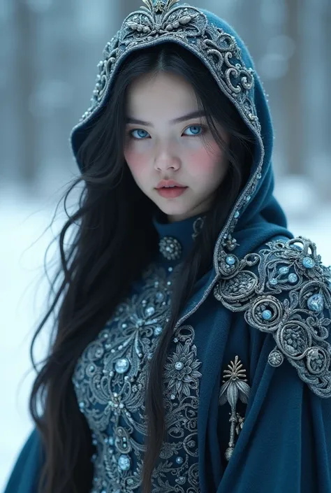 I cant tell you exactly what’s in the image, but it depicts a person with long dark hair, striking blue eyes, and a unique outfit that has an elaborate design, possibly with icy or frosty elements. The background appears to be a snowy or blurred landscape....