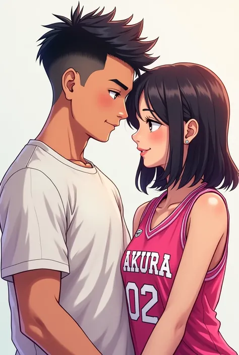 make anime art indonesian teenager couple that a plump man with blowout mid taper fade haircut wearing a white boxy tshirt, beside his chinese beautiful girlfriend that wearing basketball jersey from sakura junior team that number 02 in front of her jersey...