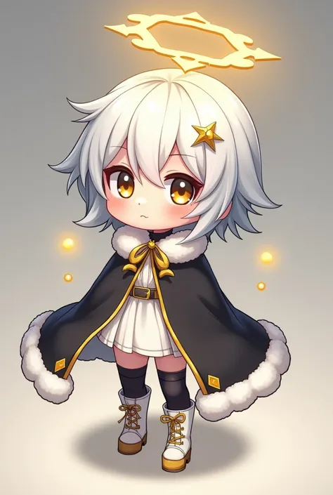 A digital art illustration of a chibi-style female isometric character inspired by classic role-playing games. The character with short white paper-like hair is dressed in a black cape adorned with a white fur border on the shoulders, combined with a white...