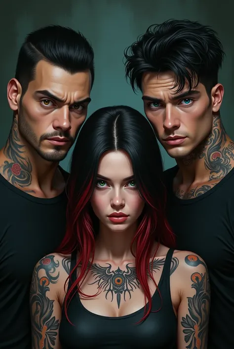  2 men with black hair .  one brown eyes the other blue eyes. Both tattoos . schwarzes Hemd. evil eye. Woman with black and red hair. green eyes. Tattoos.