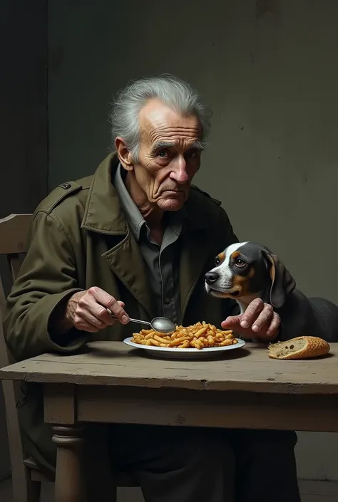 Please draw me a picture of a sick old man eating at a table with a  next to him.