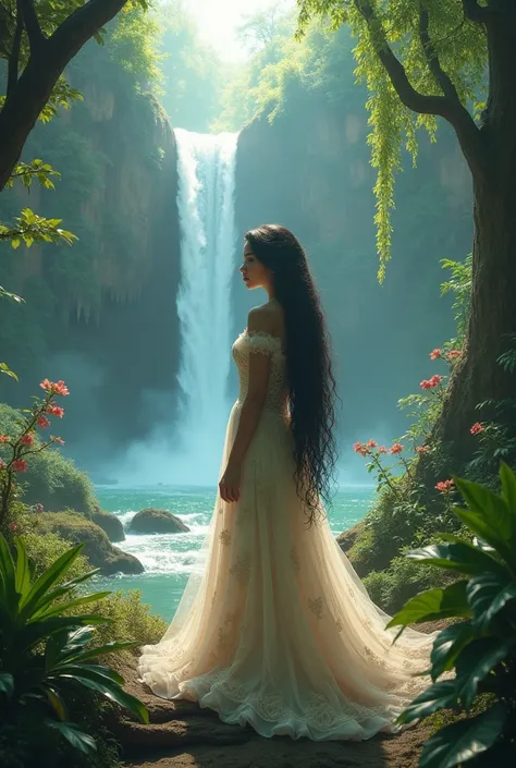 Place text Ariana Exedina on an image of a jungle with a waterfall with a princess 