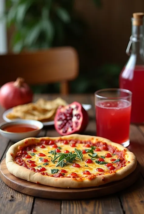 table,  on which pizza is spread,barbecue ,  pomegranate juice 