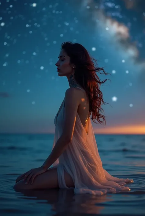  The real background image is a beautiful night sky full of stars ,  dominated by the Milky Way ....depicts a woman  (  Mediterranean model with wavy dark brown hair moved by the wind and tattoo on her neck ) kneeling in shallow water ,  wrapped in a trans...