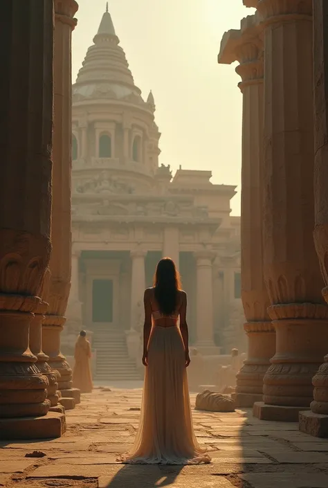 Ancient buildings , bound behind mystery and wonder , ((masterpiece,  best quality,   best image quality,  high definition ,  realistic ,  RAW photo, 32K,  High Leg Cut )), (  were photographed by a huge and beautiful goddess ,  very sexy ,  amazing beauty...