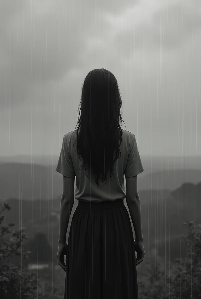 Young woman with her back in the rain watching the horizon in black and white sad and melancholic scene realistic style