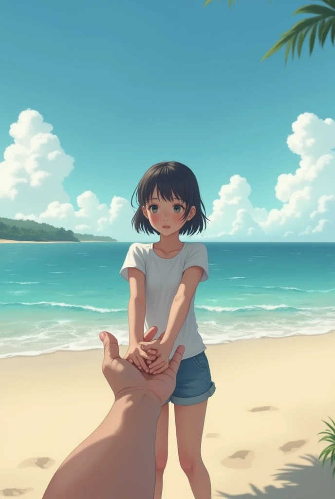 A girl looking straight ahead while holding my hand on a realistic beach