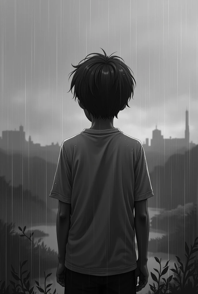 Boy with his back in the rain watching the horizon in black and white sad and melancholic scene realistic style