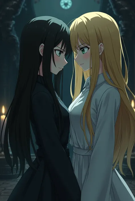 Make a picture where there are two adult girls, one with dark hair and the other with blonde long hair. Mają one być w stylu anime mrocznym.