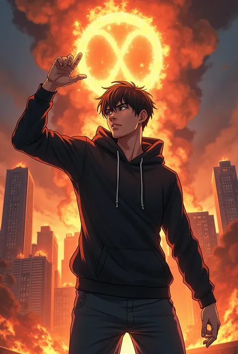 A detailed image of handsome anime-style young man with black hair, wearing a hoodie, holding a glowing infinity symbol in one hand. Behind him is the burning city.