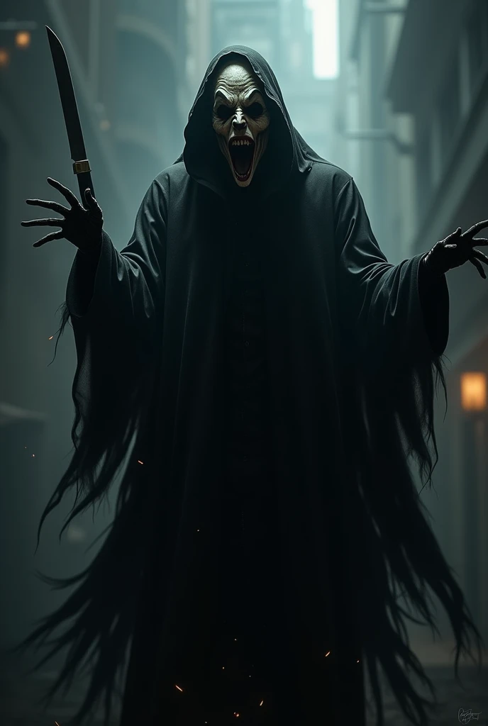  An evil creature resulting from the merging of the Joker and Ghostface , in a dark nighttime setting .  This new entity has the slender and agile body of Ghostface ,  covered by a black cloak that flows like shadows around you .  Its face is a terrifying ...