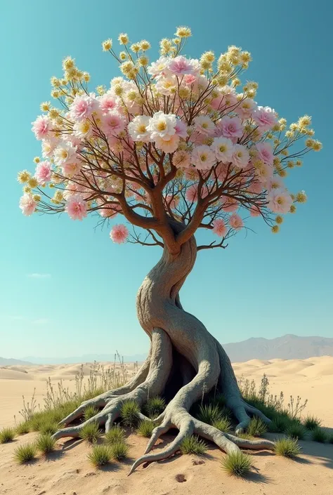 The root of a cut tree blooms against the blue sky in the desert, green grass grows around the root