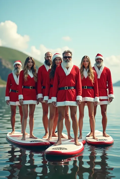 Peux tu me générer limage dun groupe de personnes qui naviguent debout sur des paddles, qui mavaient, et sont habillés en pères noëls ?