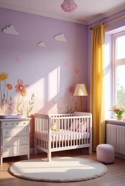  A pastel violet room with a wall painted with a landscape with flowers and butterflies in it is cradled a baby crib with a furniture on the ceiling and next to it a chiffonier with a changing table.  On the front wall a window with an armchair and a lamp ...