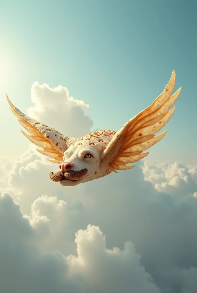 Image of a Lahmacun flying in the sky with a Turkish mustache and wings
