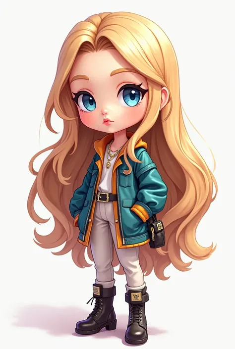 A digital art illustration of an isometric chibi-style female character inspired by classic RPG games. A character with long blonde hair, wearing French designer clothes, light blue eyes, with a complexion, a smaller and more rounded body typical of chibi ...