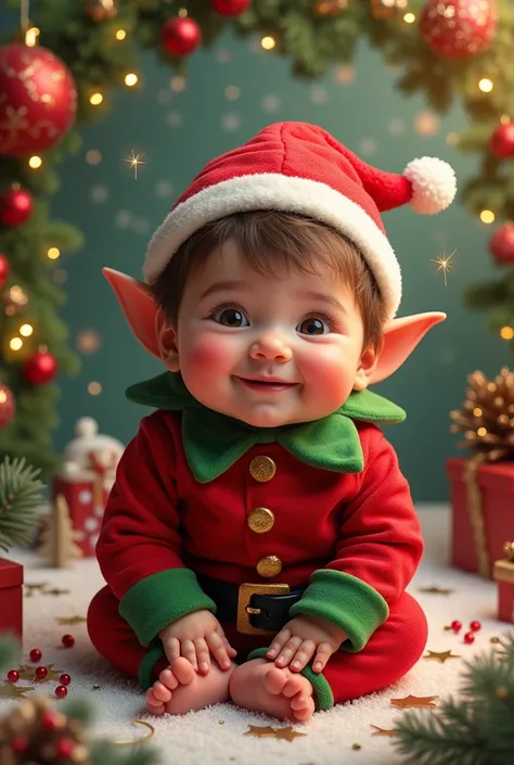  baby dressed in Christmas costume, Christmas stuff background  