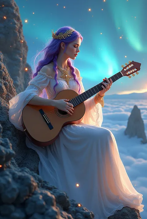 Valor apperance of beautiful, happy visage of the woman Playing on the ornamental medieval robes with a bark-made guitar in the letter „X” in a white, onamental in laces gown and opal shoes. With purple hair brown eyes. light  with in whole body made from ...